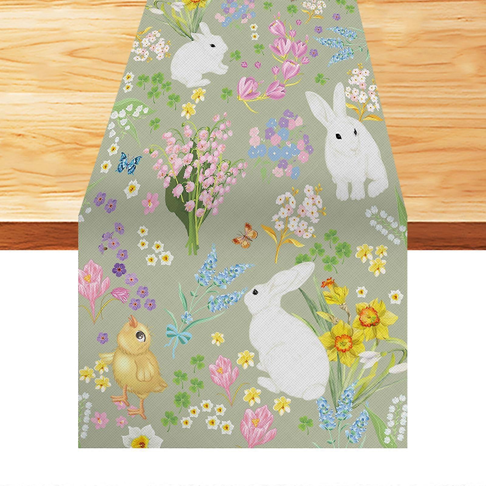 Spring Floral Table Runner with Bunny and Duck, FadeResistant Linen for Easter Dining Table Decor