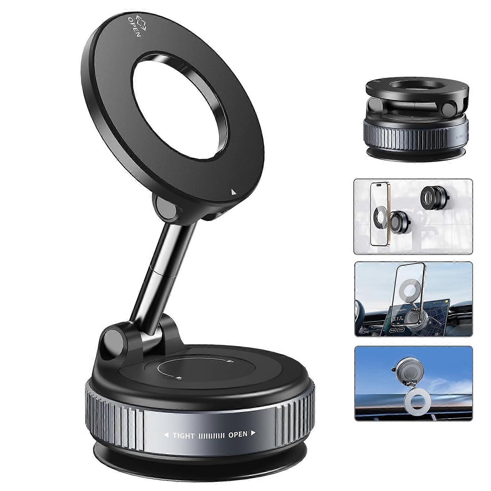 Magnetic Car Phone Mount with Suction Cup, 360° Rotation, MagSafe Compatible, Foldable Dashboard and Windshield Holder