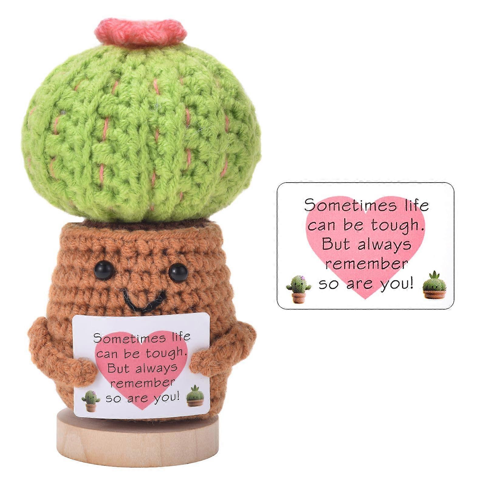 Crochet Cactus Doll with Encouragement Message Card, Handmade Craft on Stable Wooden Base Brown