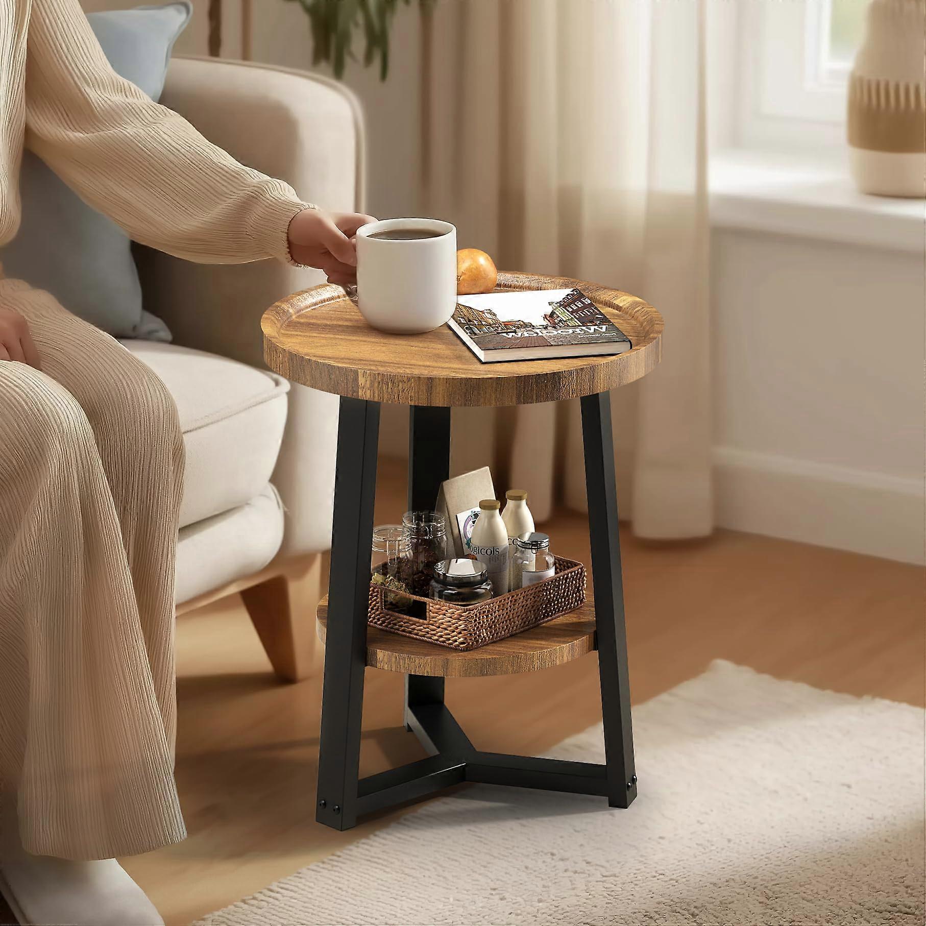 Round End Table with Storage Shelf, Rustic Side Table for Living Room, 2Tier, Rustic Brown