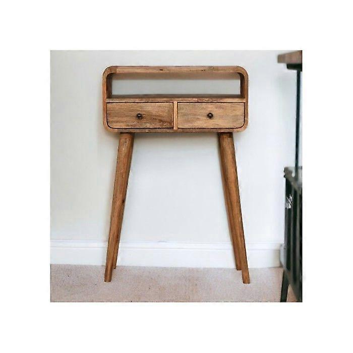 Solid Wood Mini Curved Oak-ish Console Table, 2 Drawers and Open Slot, Brown