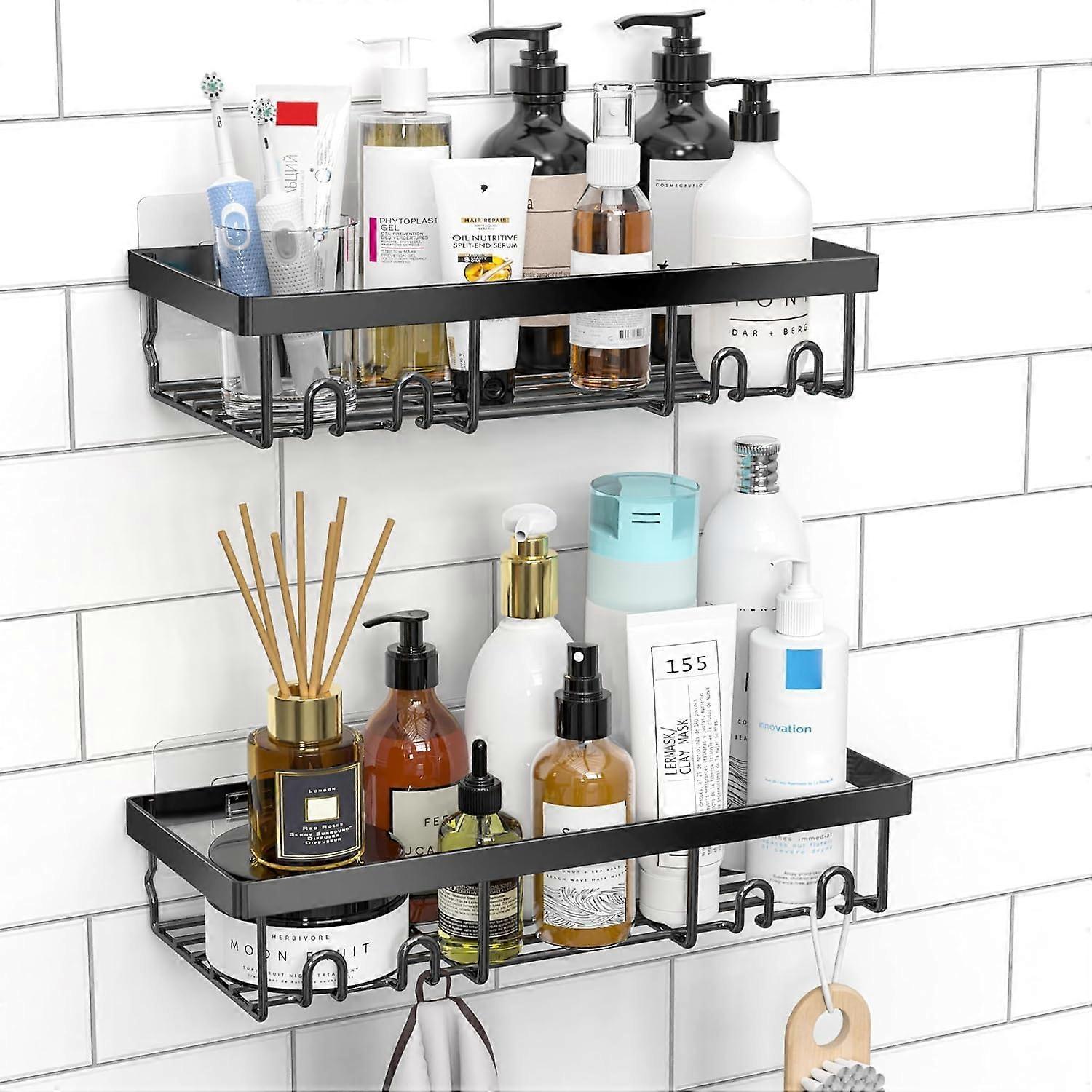 Shower organizer rack (2-pack), no-drill black shower rack, self-adhesive bathroom storage accessory.