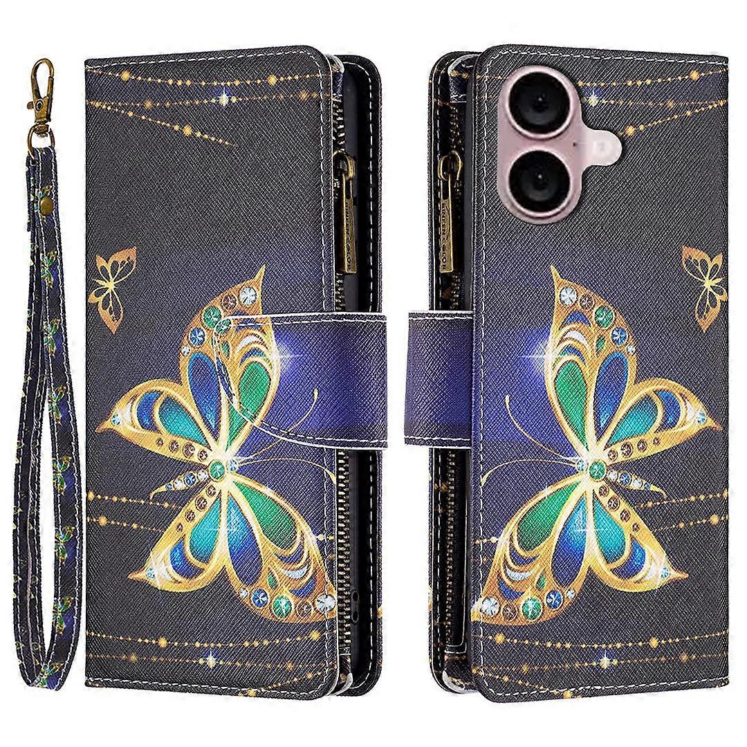 BF03 For iPhone 16 Case Pattern Printing Zipper Leather Phone Stand Cover