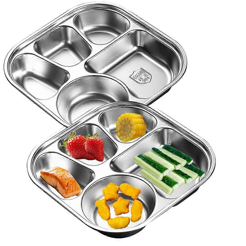2 Pack Stainless Steel Divided Plates, 5Compartment Portion Control Dinner Trays, 9 Inch Reusable