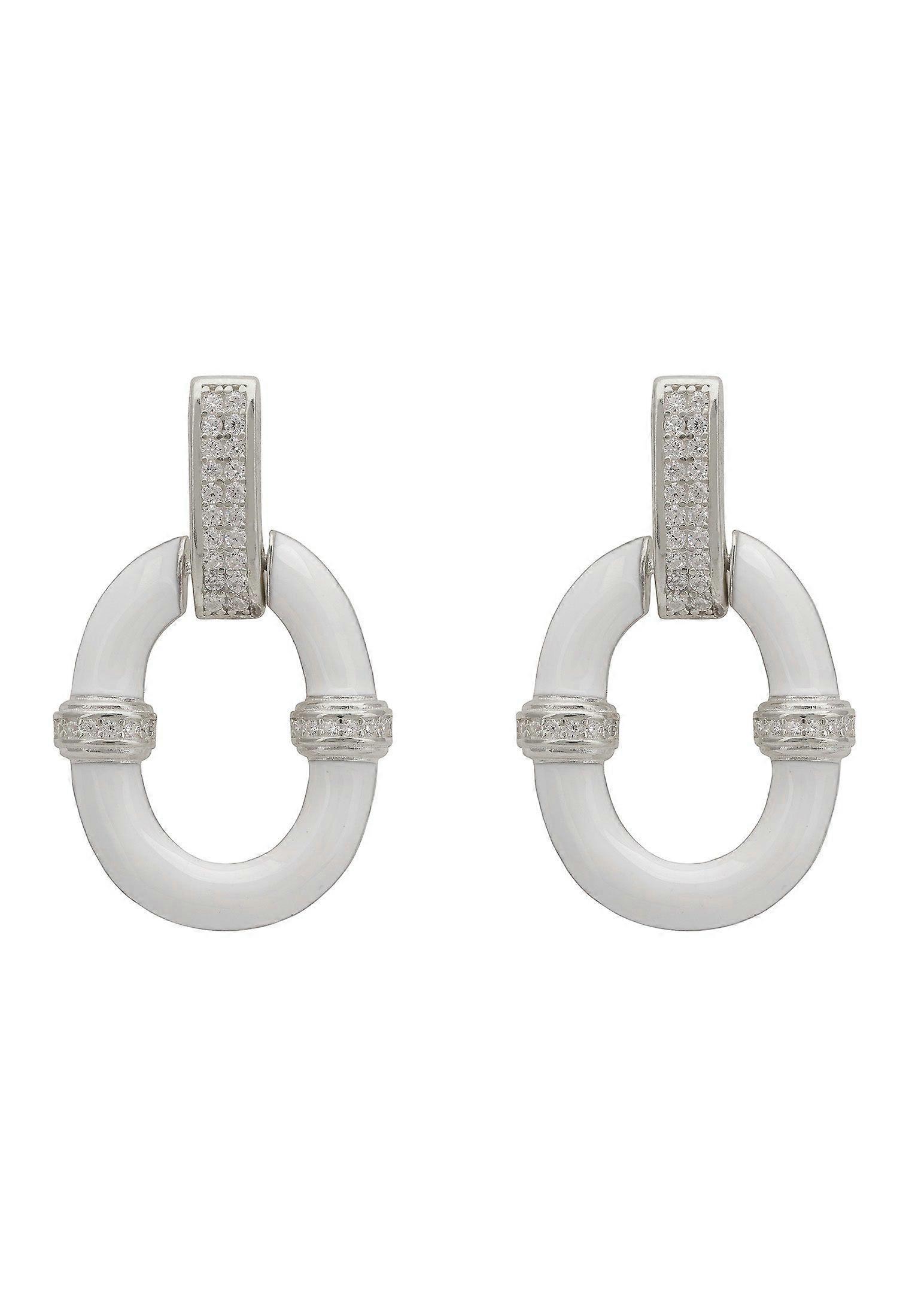 White Enamel Oval Drop Earrings Silver