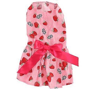 Niedliche Haustier Sommerkleidung Mädchen Hund Polyester Ärmelloser Rock Kleider mit Schleife für PartyXZD231 Erdbeermuster Rosa XS