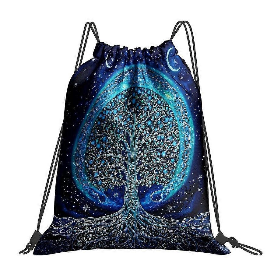 1pc 2D Printed Starry Life Tree Pattern Drawstring Gym Bag - Blue-Green Luminous Drawstring Backpack, Durable Polyester -Cqazw