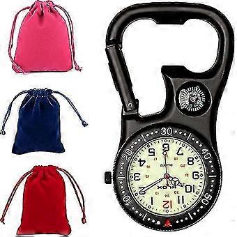 Montre de poche noire à mousqueton avec boussole et décapsuleur, pour médecins, infirmières, ambulanciers et chefs cuisiniers