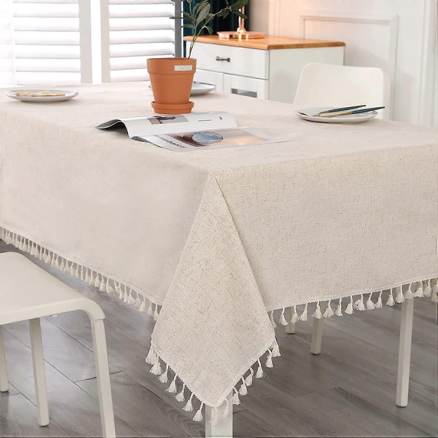 rectangular tablecloth, washable, cotton linen, tassels, stain-resistant