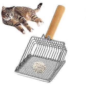 Cat litter scoop, deep cat toilet scoop with wooden handle stainless steel nonstick scoop, sturdy sieve compatible with kittens and small pets
