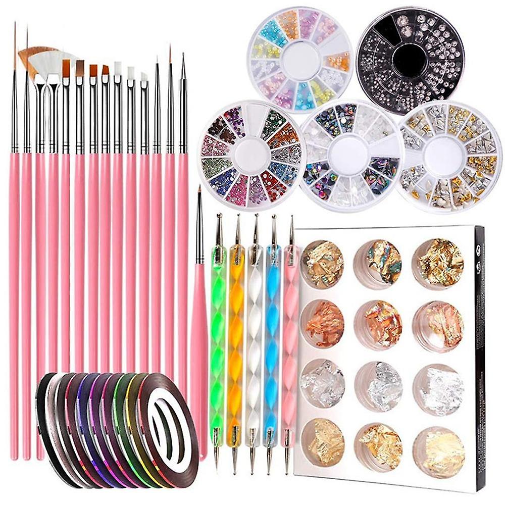 Set - Round Box Ornaments Point Drill Pen Nail Tool Set - Pink Brush Combination Set