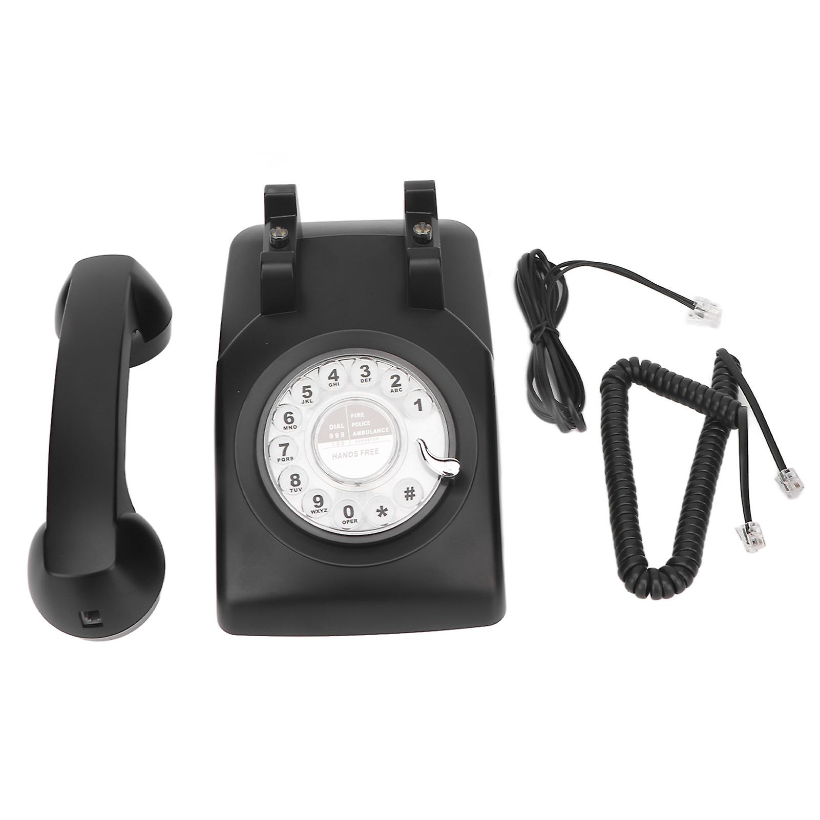 Retro Corded Telephone with Rotating Dial and Speaker, Mechanical Ringtone, Redial Function Vintage Desktop Phone Black