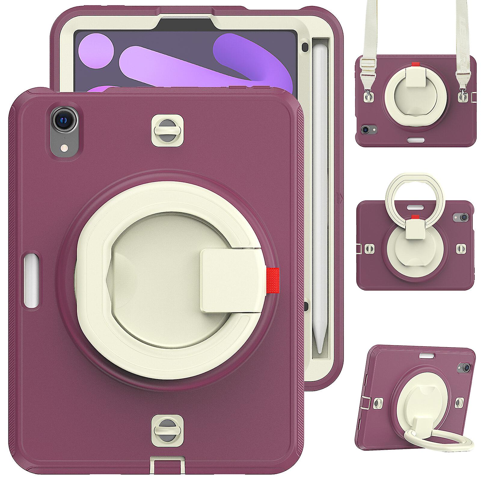 Case for iPad Mini6 with 360 Rotating Handle Stand and Adjustable Shoulder Strap, Purple Red