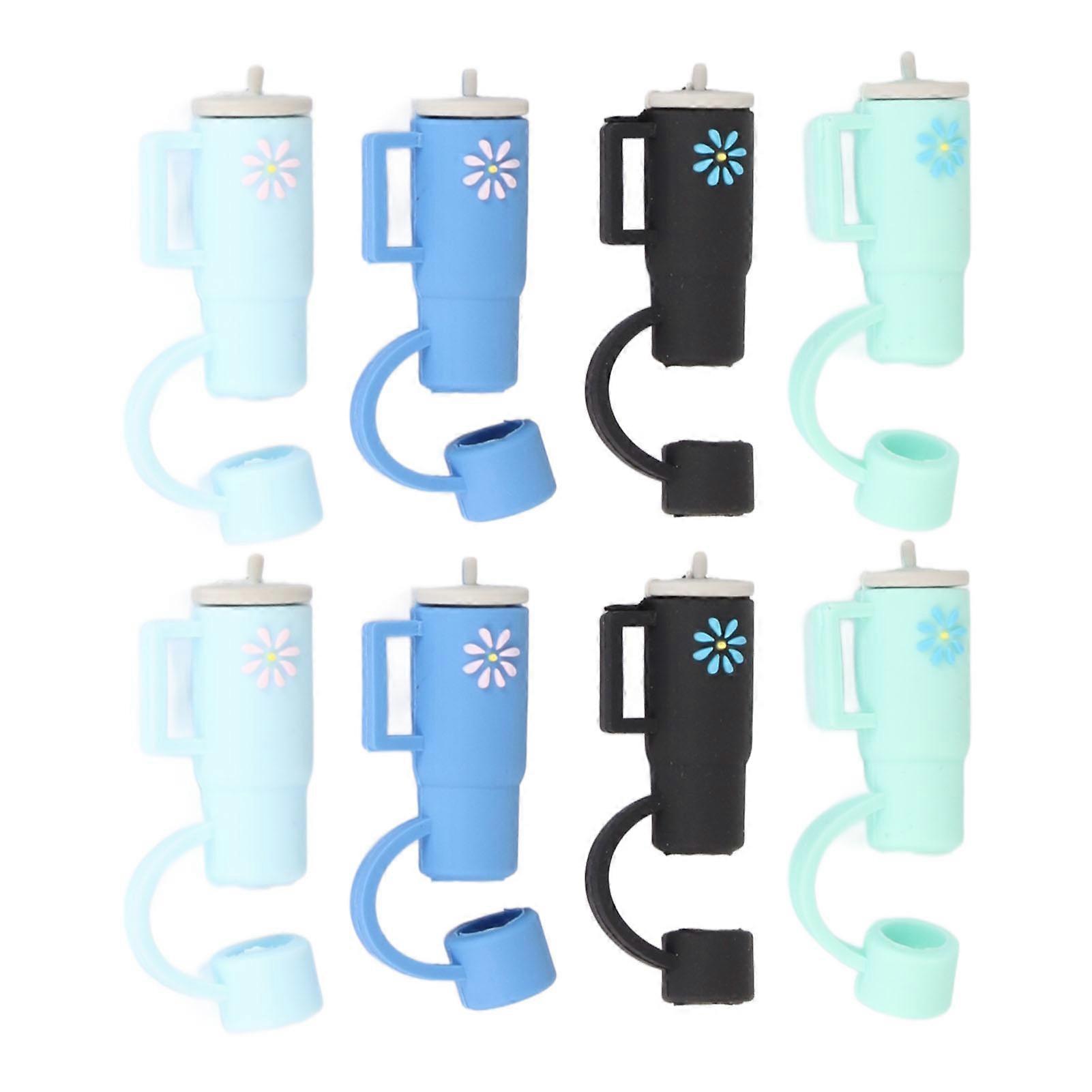 8pcs Straw Cover Silicone Dustproof Reusable Decorative Cup Pattern Leakage Proof Straw Stopper