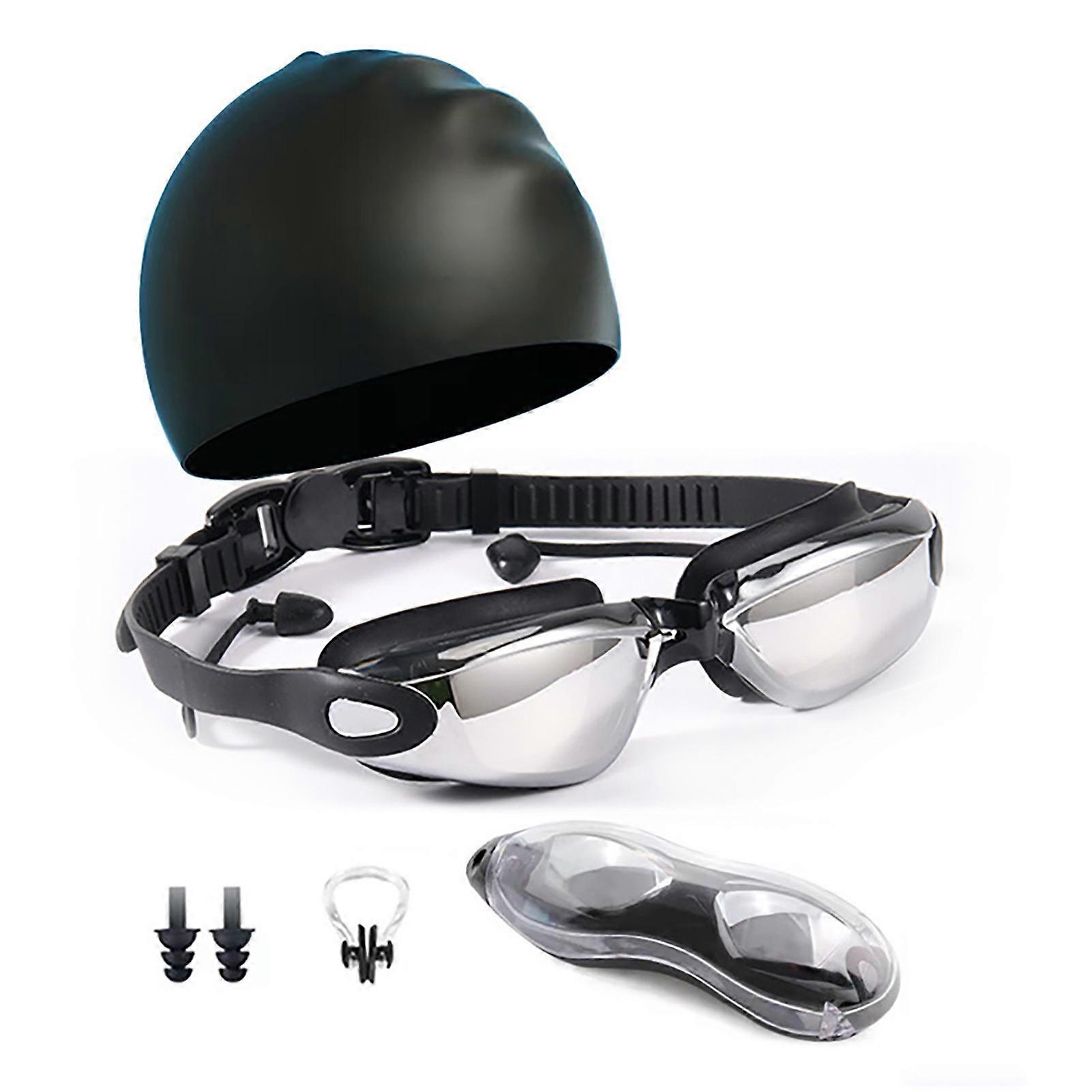 Swim Cap Goggles Set Electroplated UV Protection Swimming Accessories with Earplugs Nose Clip Protection Case