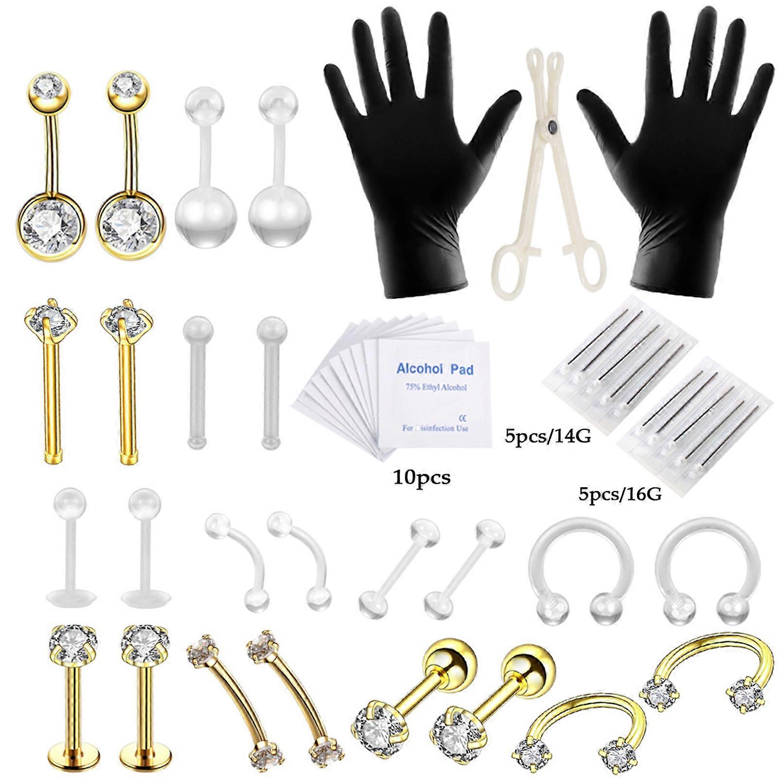47PCS Stainless Steel Piercing Tool Kit Body Piercing Jewelry Set Lip Nose Eyebrow Ear Navel Button Rings Non-Rusting Non-Fading with Opening Pliers P