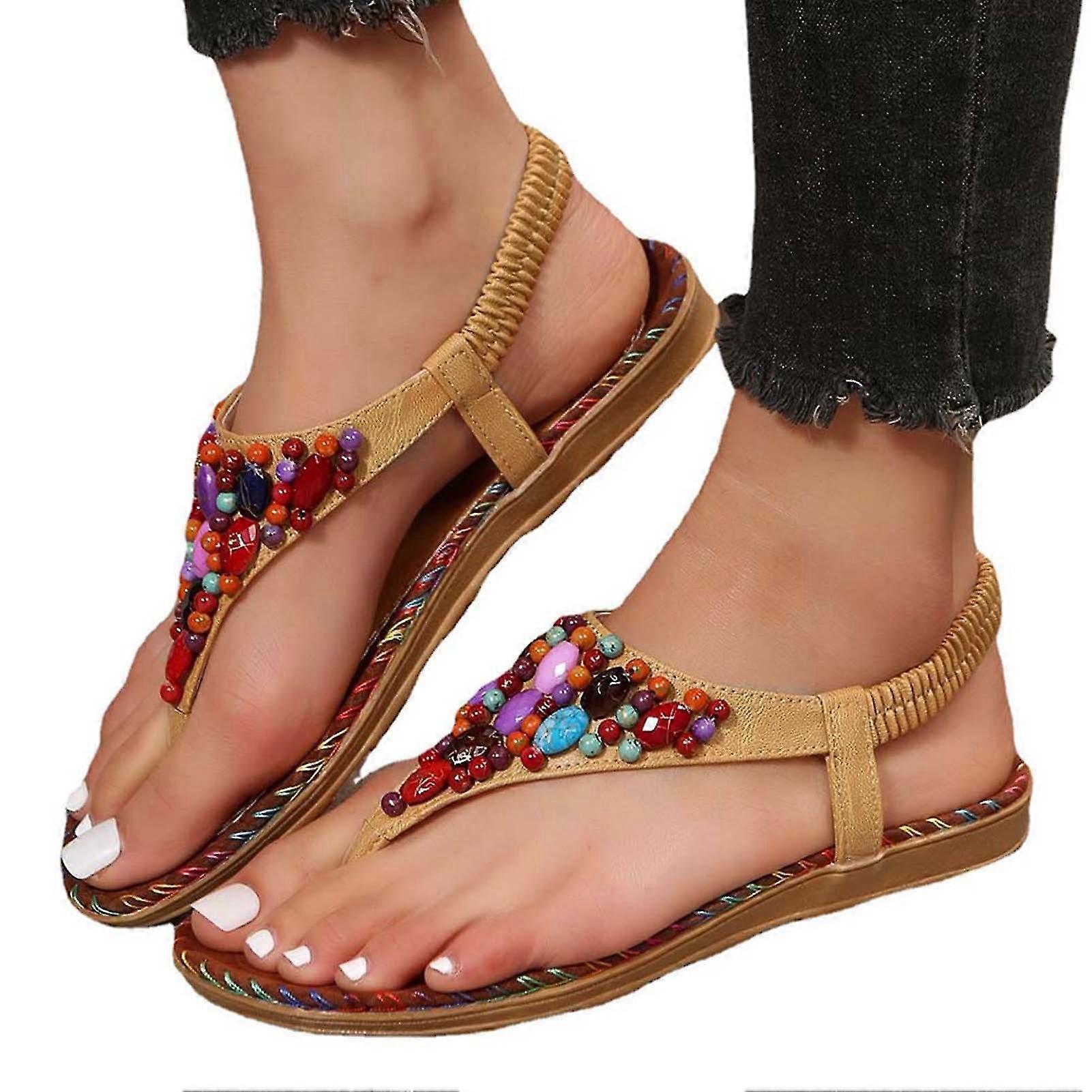 Vinta Beaded Flat Flip-flops Non-slip Comfortable Beach Shoes For