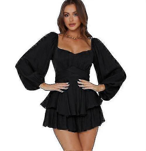 Women's Long Sleeve Ruffle Layer Tie Mini Short Romper