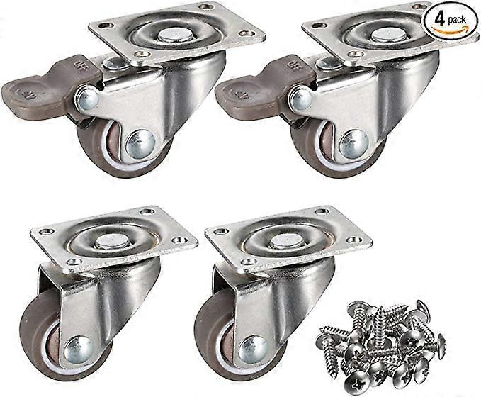 4 Pack 1" Low Profile Casters Wheels Soft Rubber Swivel Caster with 360 Degree Top Plate 100 lb Total Capacity for Set (2 with Brakes & 2 Without)