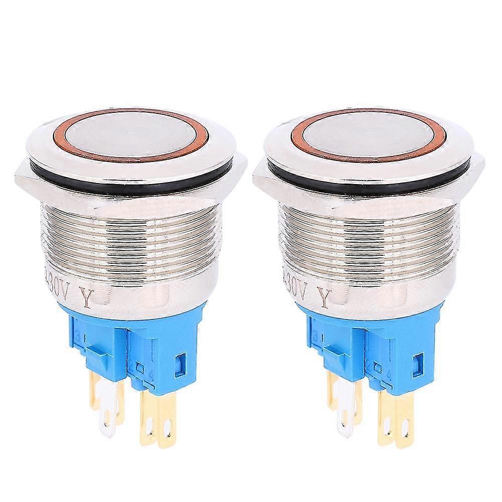 2Pcs AC220V 22mm Ring Self-Locking 6-Pin Push Button Switch Stainless Steel Button SwitchOrange