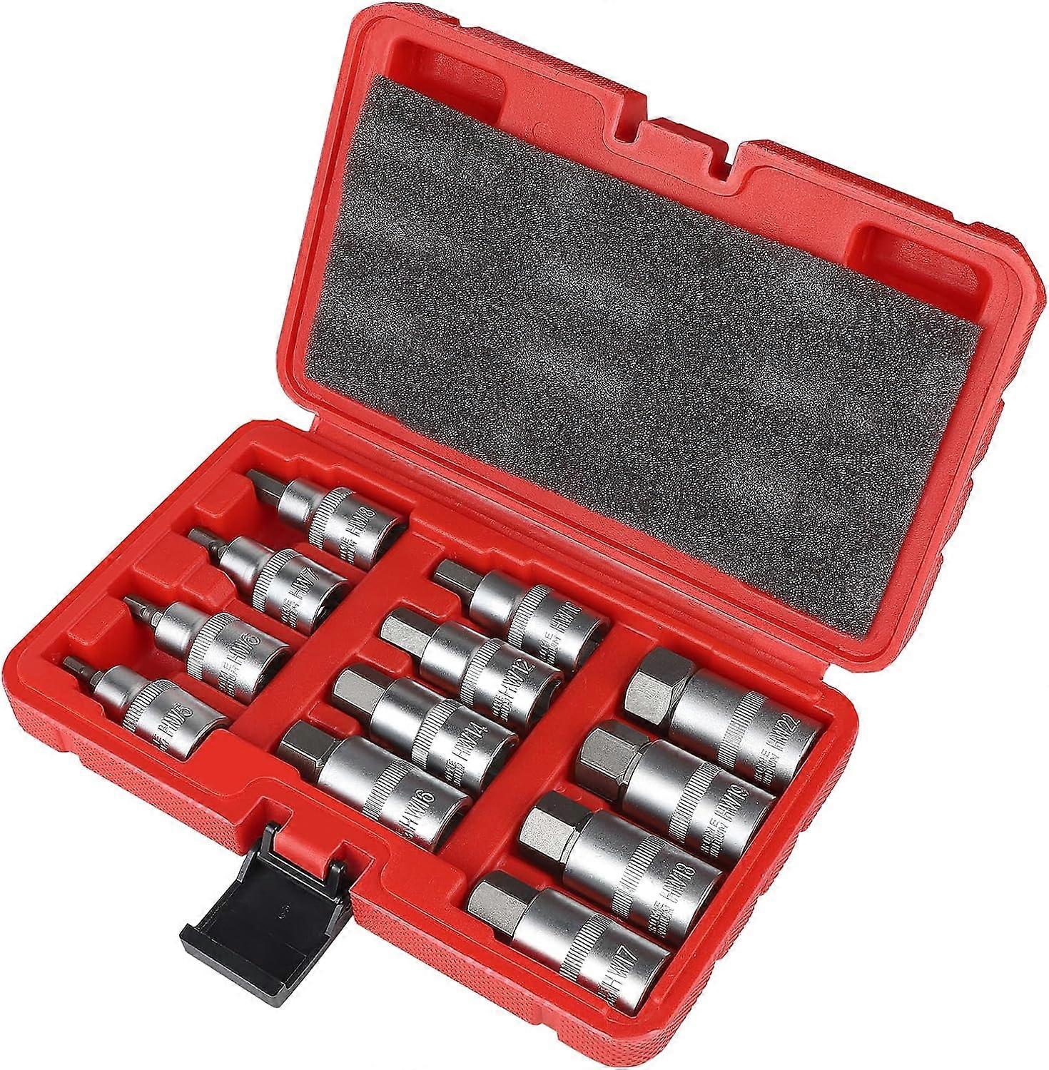 12-piece 1/2" Allen socket set, hexagon socket 5, 6, 7, 8, 10, 12, 14, 16, 17, 18, 19, 22 mm, with plastic case, 1/2 Allen socket set for impact screw