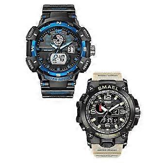 2set Khaki and Blue Men's Analog Digital Sports Watch Big Face Outdoor Sports Waterproof Military Wristwatch with Date Multifunction Tactical LED Army