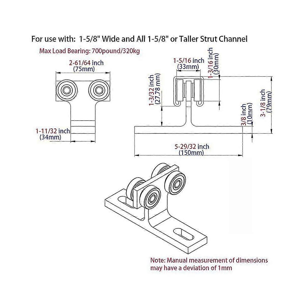 2pcs 4 Wheel Trolley Assembly,for 1-58in Wide And All 1-58in Or Tallers Strut Channel,load 900 Pounds,bearing Assembly