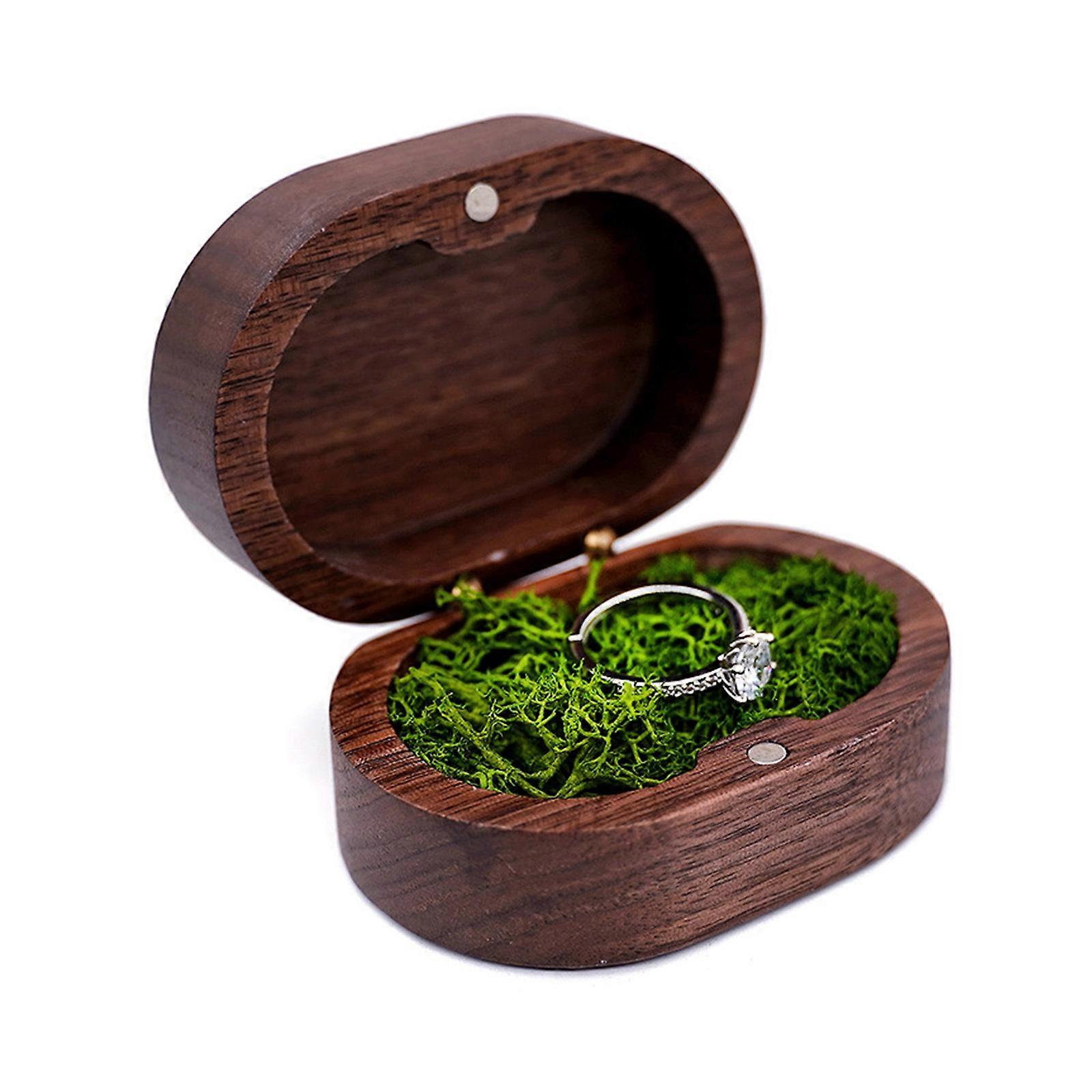  Oval Shaped Walnut Solid Wood Ring Box Velvet Soft Interior Holder Organizer