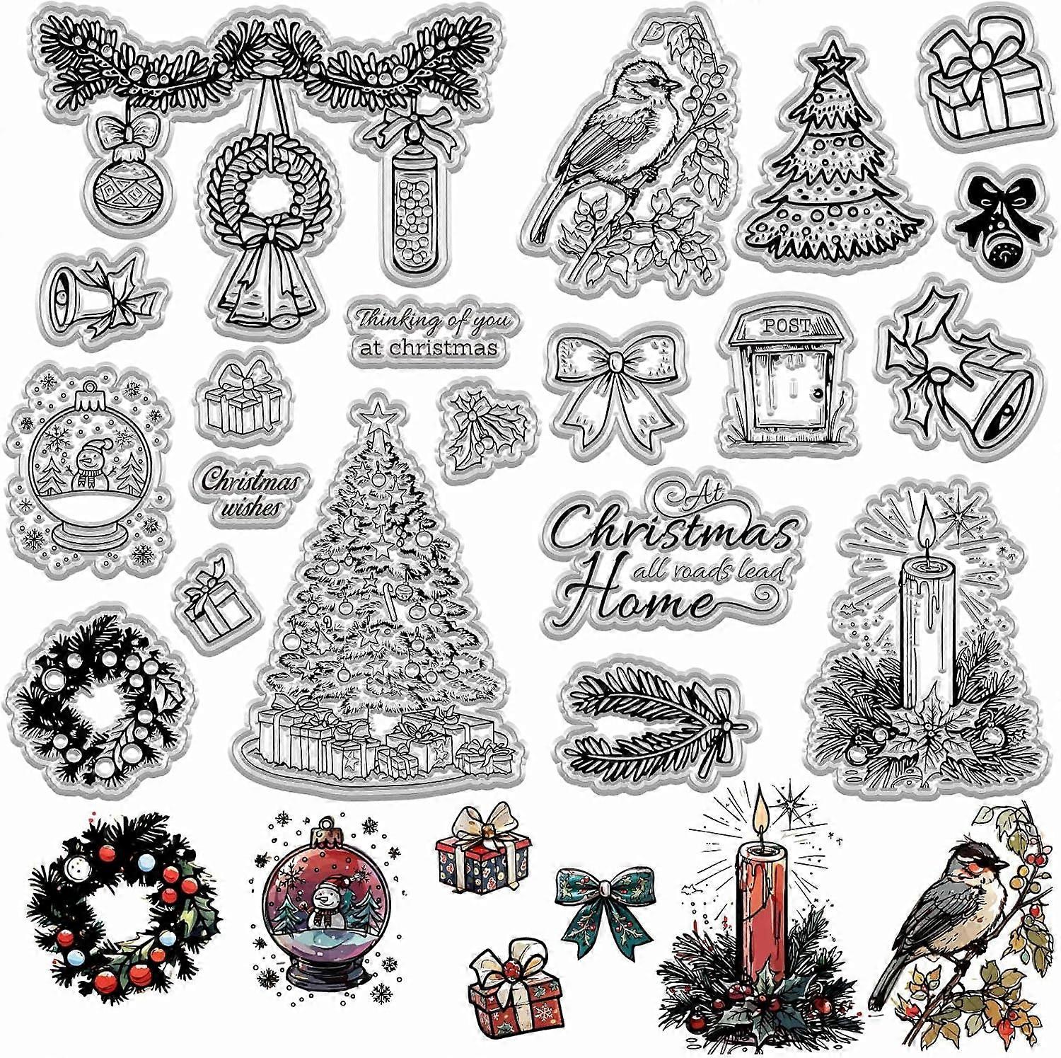 2 Sheets Merry Christmas Clear Rubber Stamps Xmas Tree Snowman Wreaths Candles Presents Bows Reusable Transparent Silicone Stamp Seals for Card Making