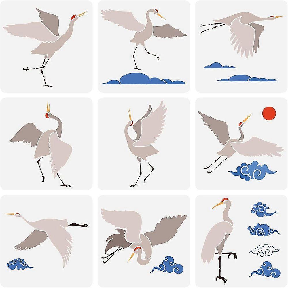 1Set 9 Pcs Crane Stencil 11.8x11.8 inch Auspicious Clouds Stencils Template Plastic Flying Crane Stencils for Painting Template Large Reusable Crane S
