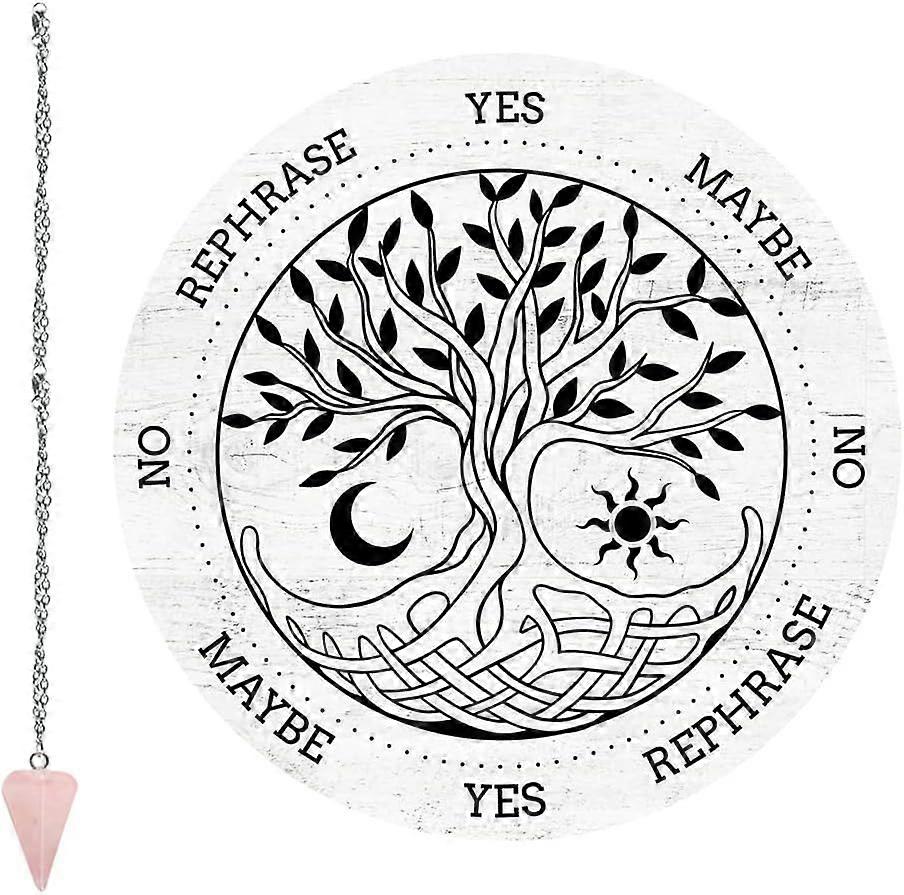 Tree of Life Pendulum Board Dowsing Divination Metaphysical Message Board 7.9Inch Wooden Carven Board with Rose Quartz Crystal Dowsing Pendulum Neckla