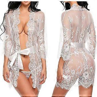 Damen Durchsichtiger Kimono-Bademantel aus Spitze, Dessous, Nachtwäsche, Morgenmantel, Nachtwäsche, M, Weiß