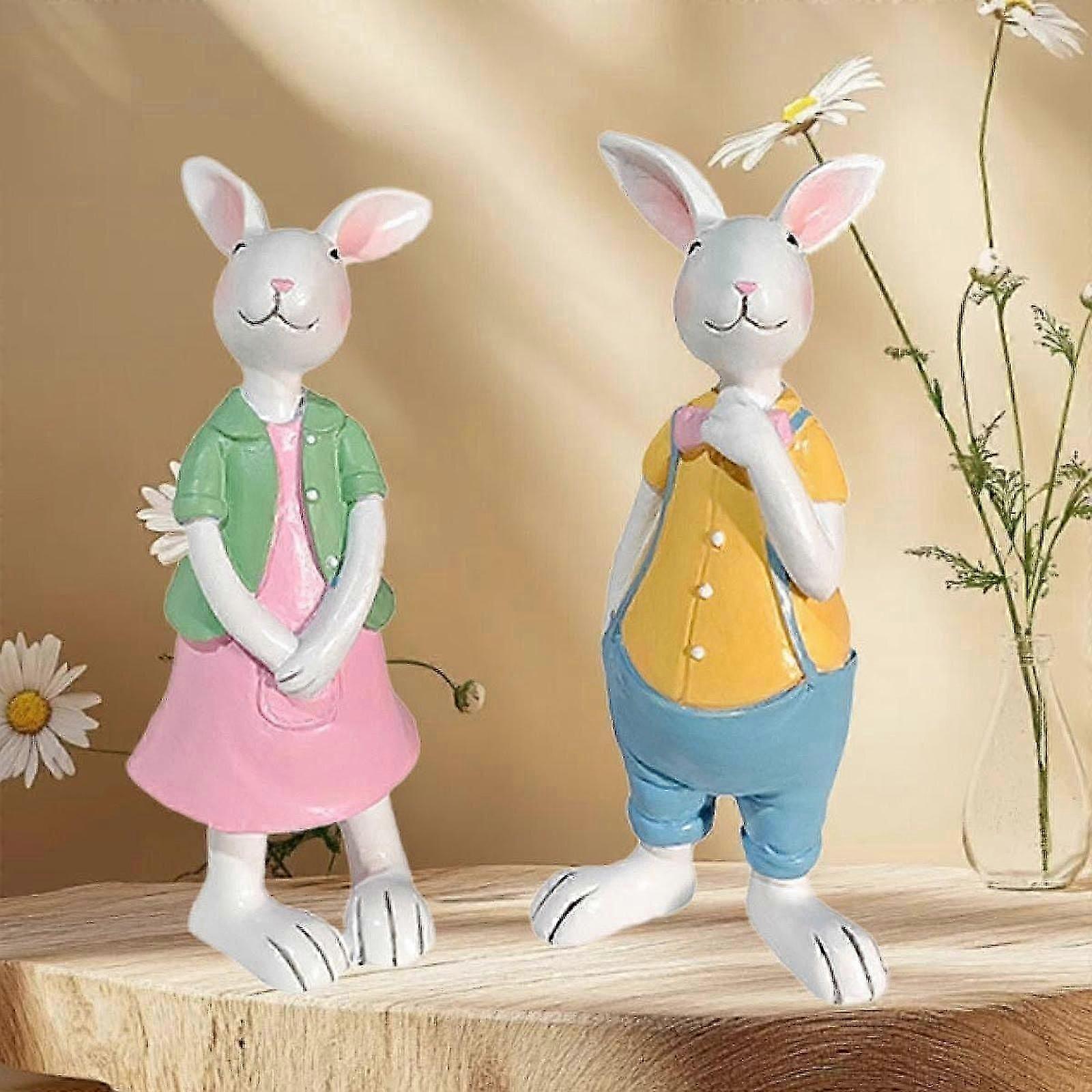 2x Easter Bunny Statues Ideal Gift Table Ornament for Entrance Cabinet Shelf