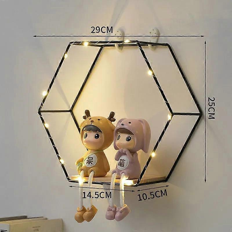 Hexagon Art Storage Shelf Living Room Metal Display Platform Wall Mounted Decorative Rack with Light Strip