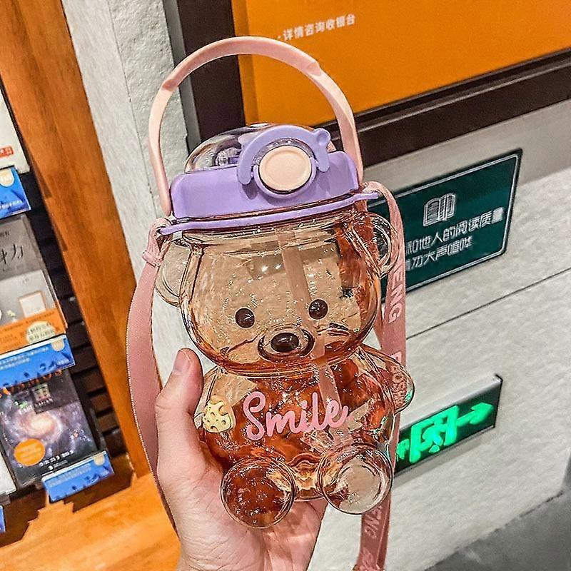 Kawaii Bear Plastic Water Bottle with Straw Portable Strap Cute Kids Bottles for Girls Summer Large Capacity Milk Bubble Tea Cup
