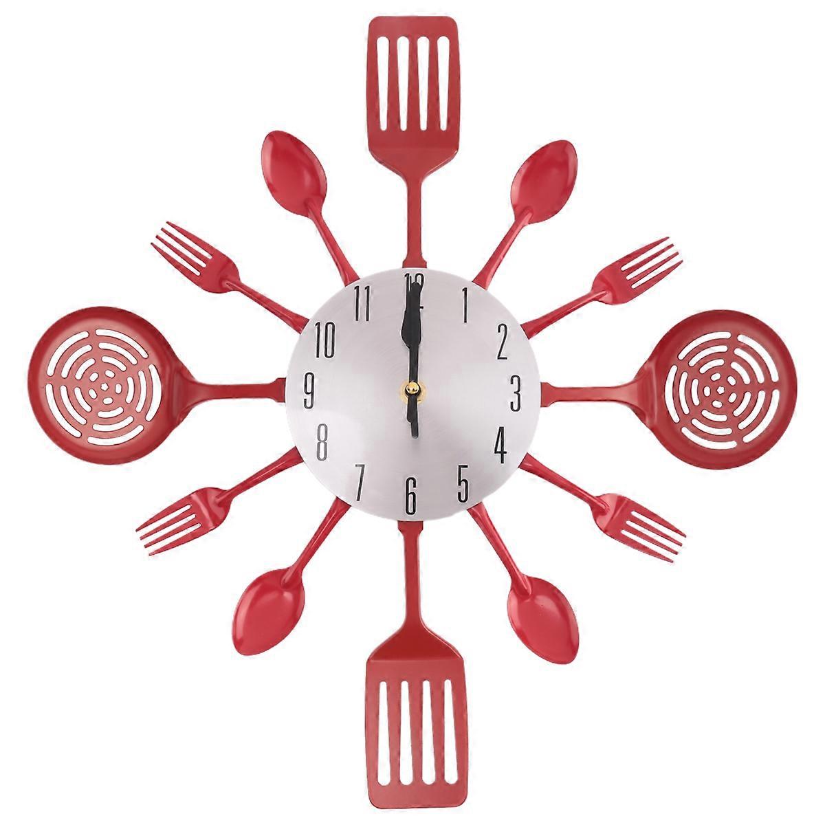 16 Inch Large Kitchen Wall Clocks with Spoons and Forks(Red)
