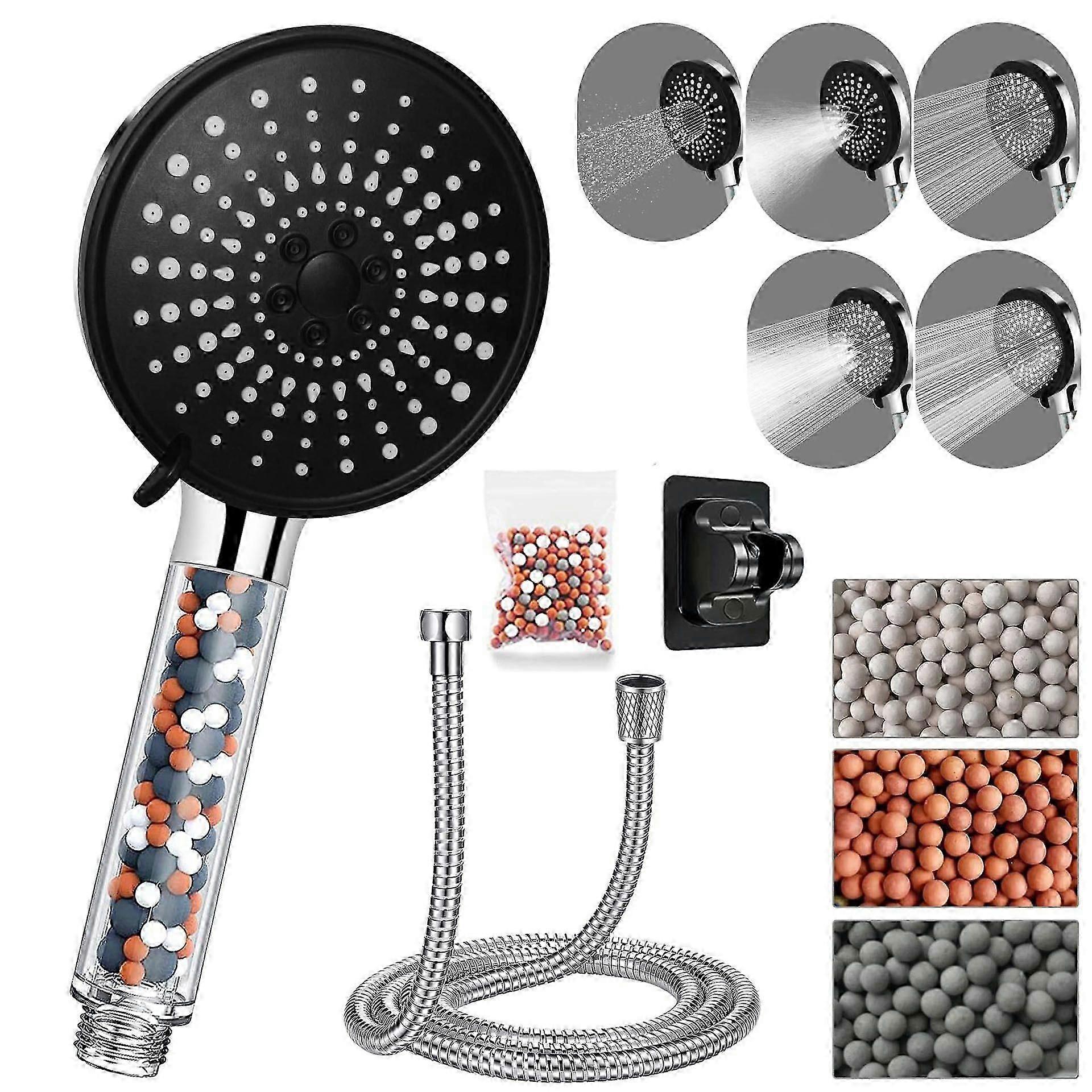 Shower Head with 1.5M Hose Water Saving Shower Head, Large Anti-Limescale Shower Head, High Pressure Shower Head with 5 Types of Jets Black Holder