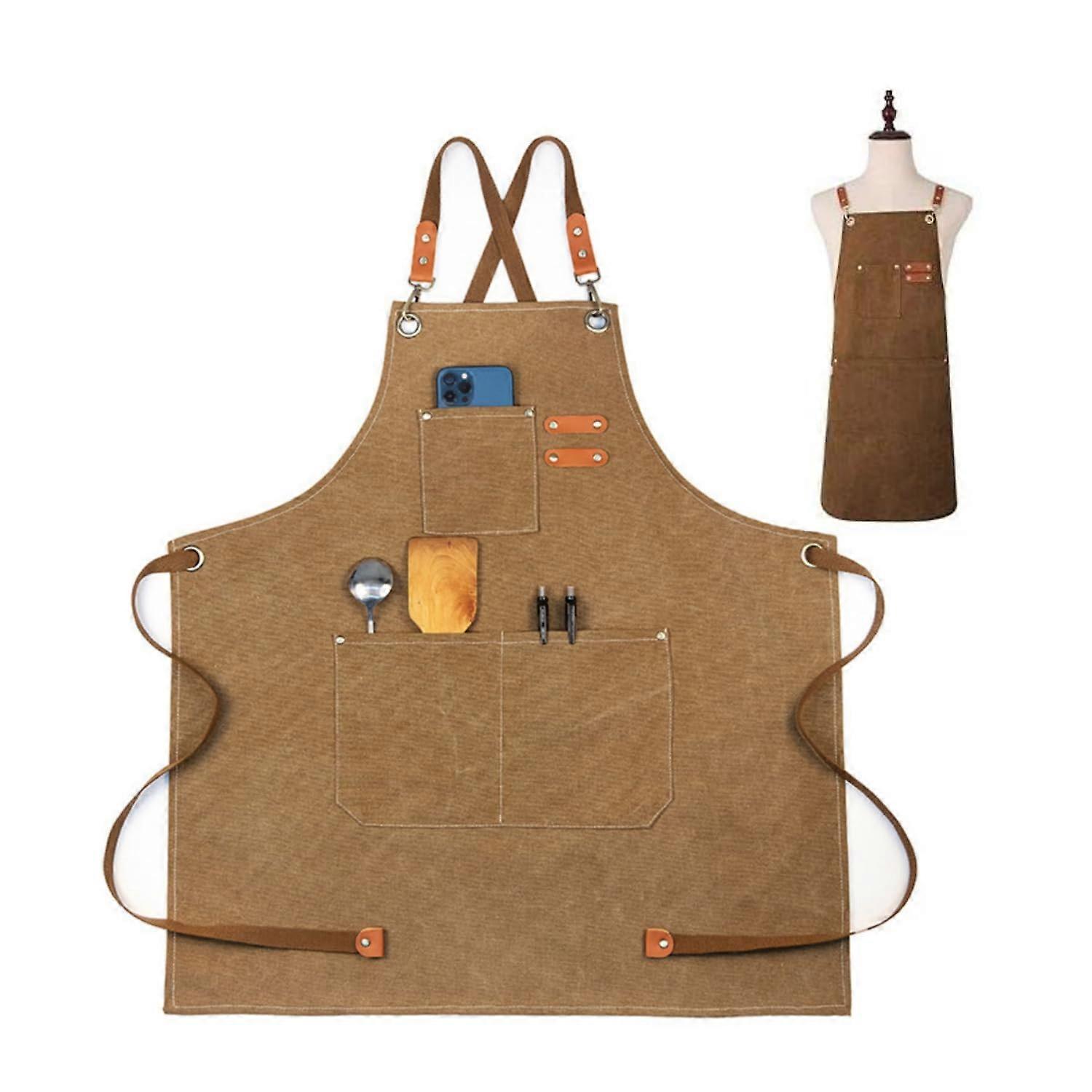 Work Apron for Men and Women, BBQ Apron Extended Canvas Apron with Pockets brown