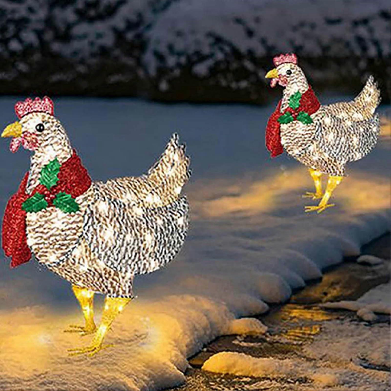 Lighted Chicken with Scarf, Lighted Chicken with Scarf, 2 Pack Acrylic RGB Luminous Chicken Christmas Ornaments for Floor, Lawn Decoration