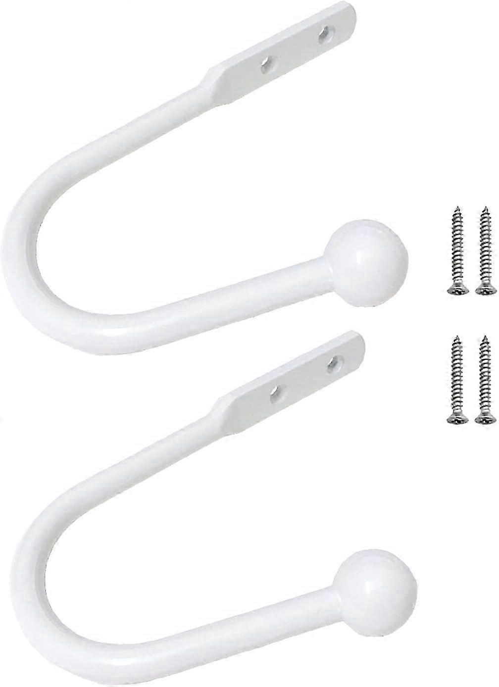 Pack of 2 Curtain Holder Hooks with 4 Screws, Decorative Metal Curtain Holders Suitable for Solid Curtains and Hanging Clothes (White)