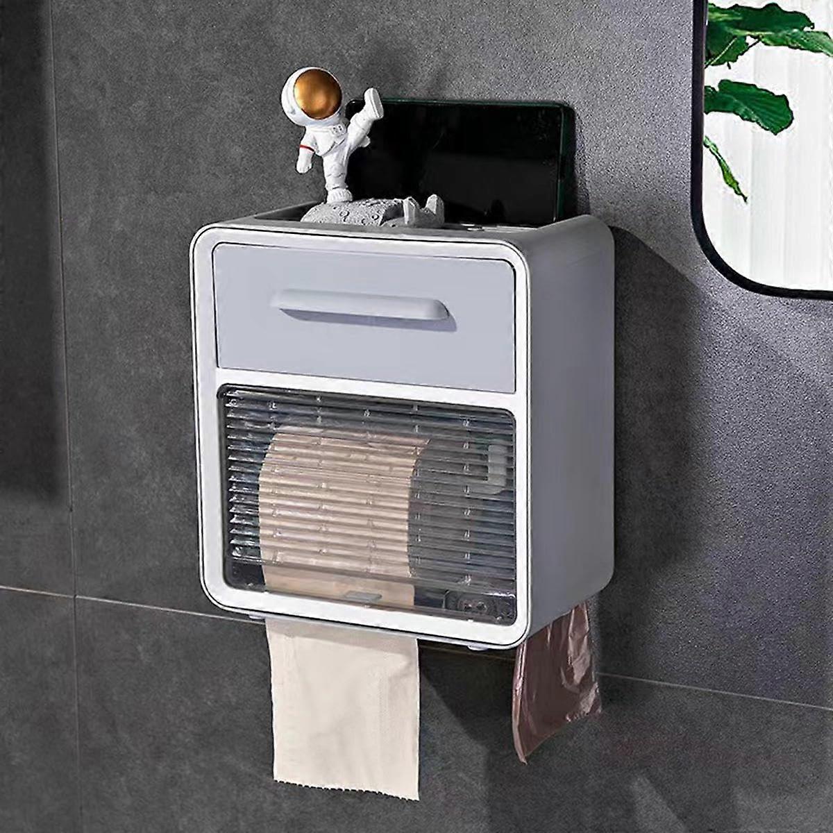 Paper Towel Dispenser Wall Mounted for Bathroom, Gray Transparent Paper Towel Holder with Drawer, Compact Design
