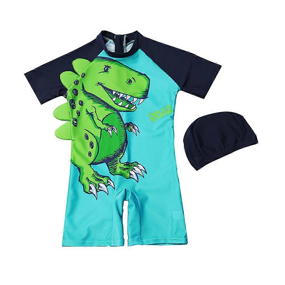 Swimsuit For Girls One-Piece Short-Sleeved Quick-Dry Wetsuit Cartoon Dinosaur Pattern L Size 1Set