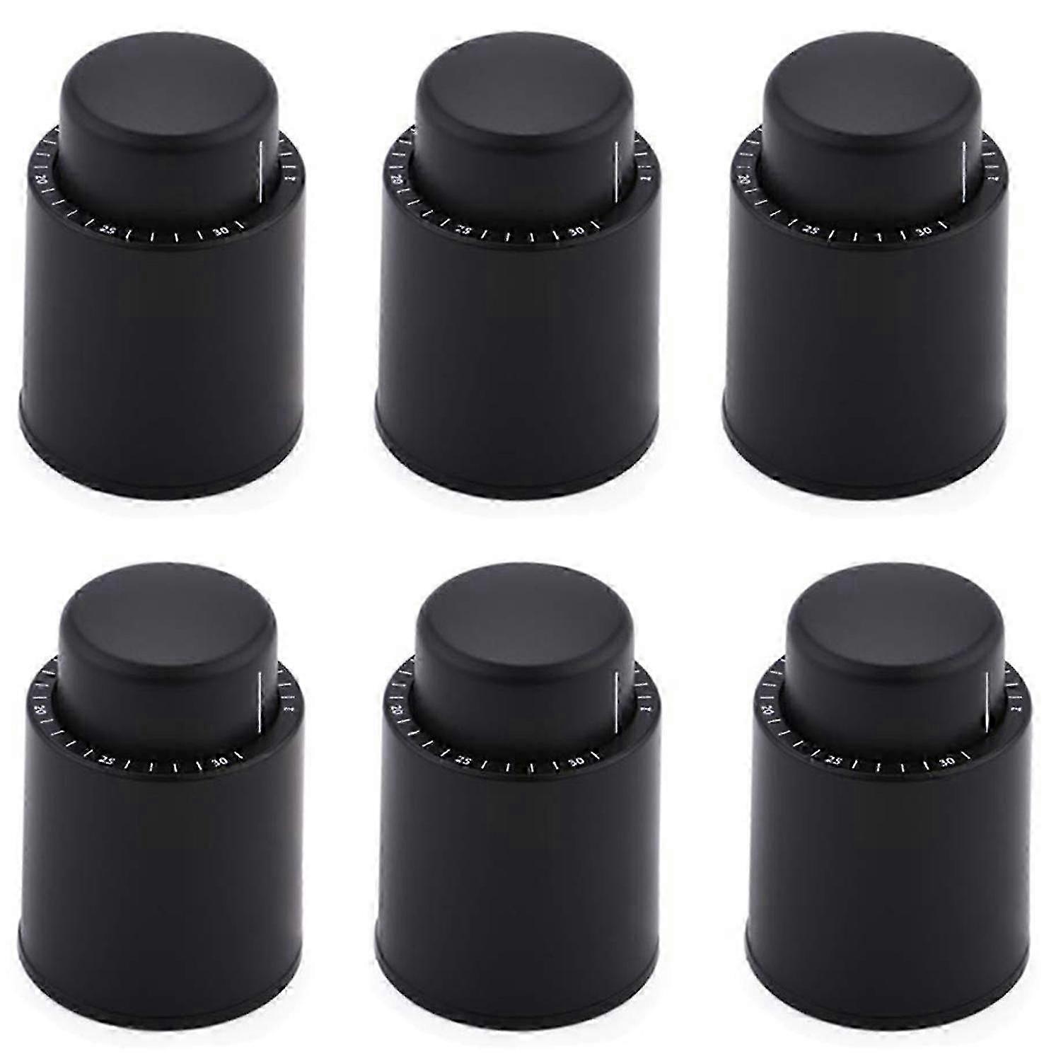 Vacuum Wine Stoppers with Time Scale - Set of 6 Black Cork Sealing Plugs for Red Wine Storage & Freshness Preservation