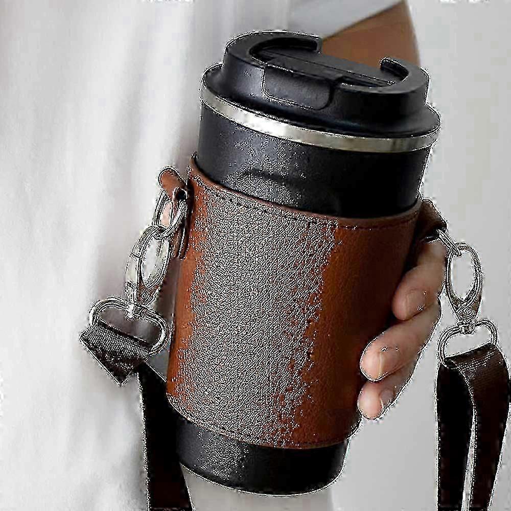 حامل أكواب محمول من جلد بو ، حامل فنجان قهوة بأكمام فنجان قهوة من جلد بو مع أحزمة كتف ، جلد قهوة قابل لإعادة الاستخدام