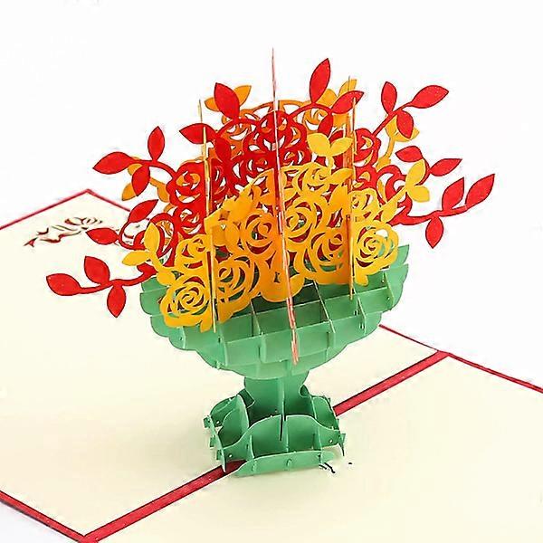 3D Bouquet with Yellow and Red Roses in Elegant Vase 15*15 cm Greeting Card