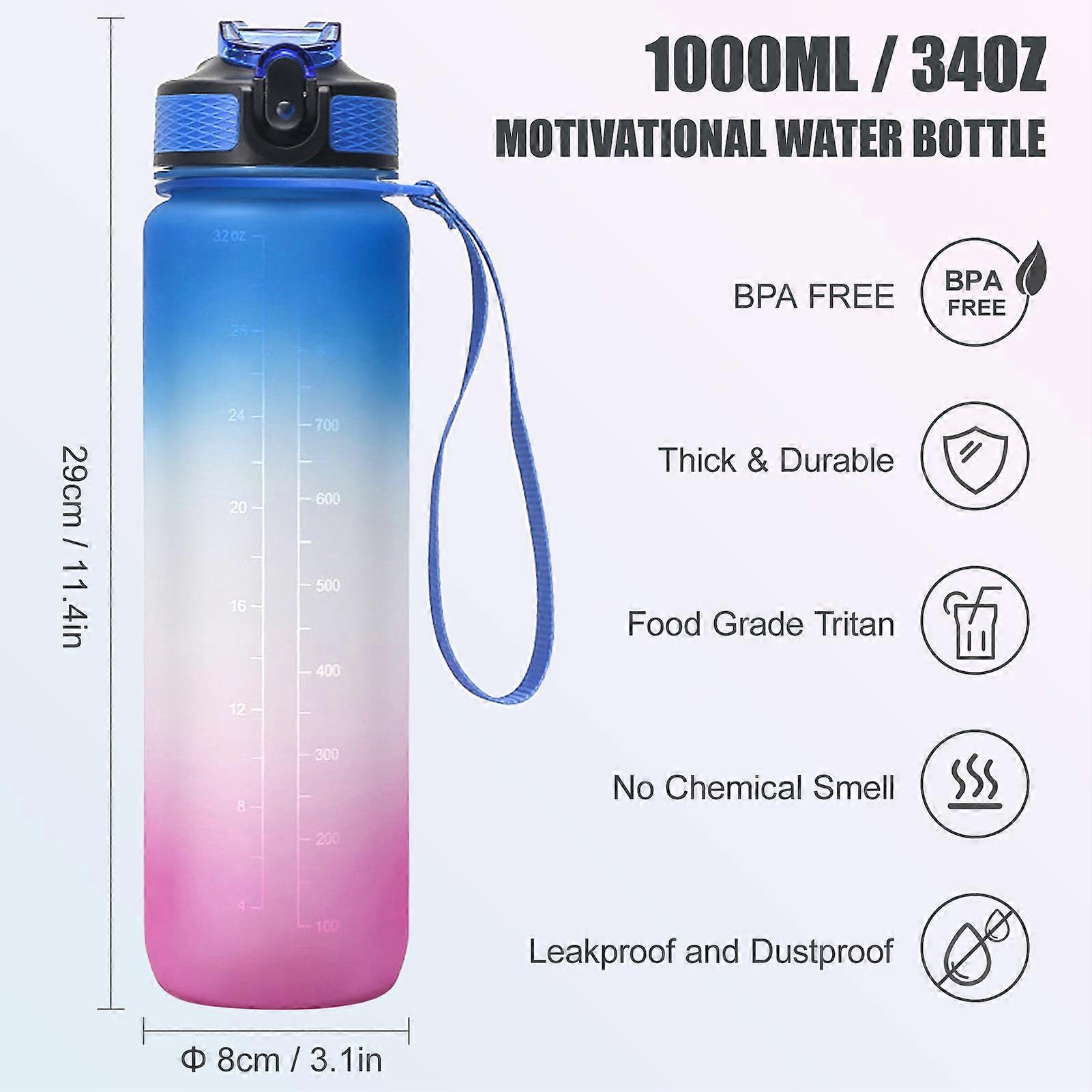 1000ML Water Bottle with Time Marker BPA FREE Sports Bottle With Straw for Office Gym Fitness Sports Camping Cycle