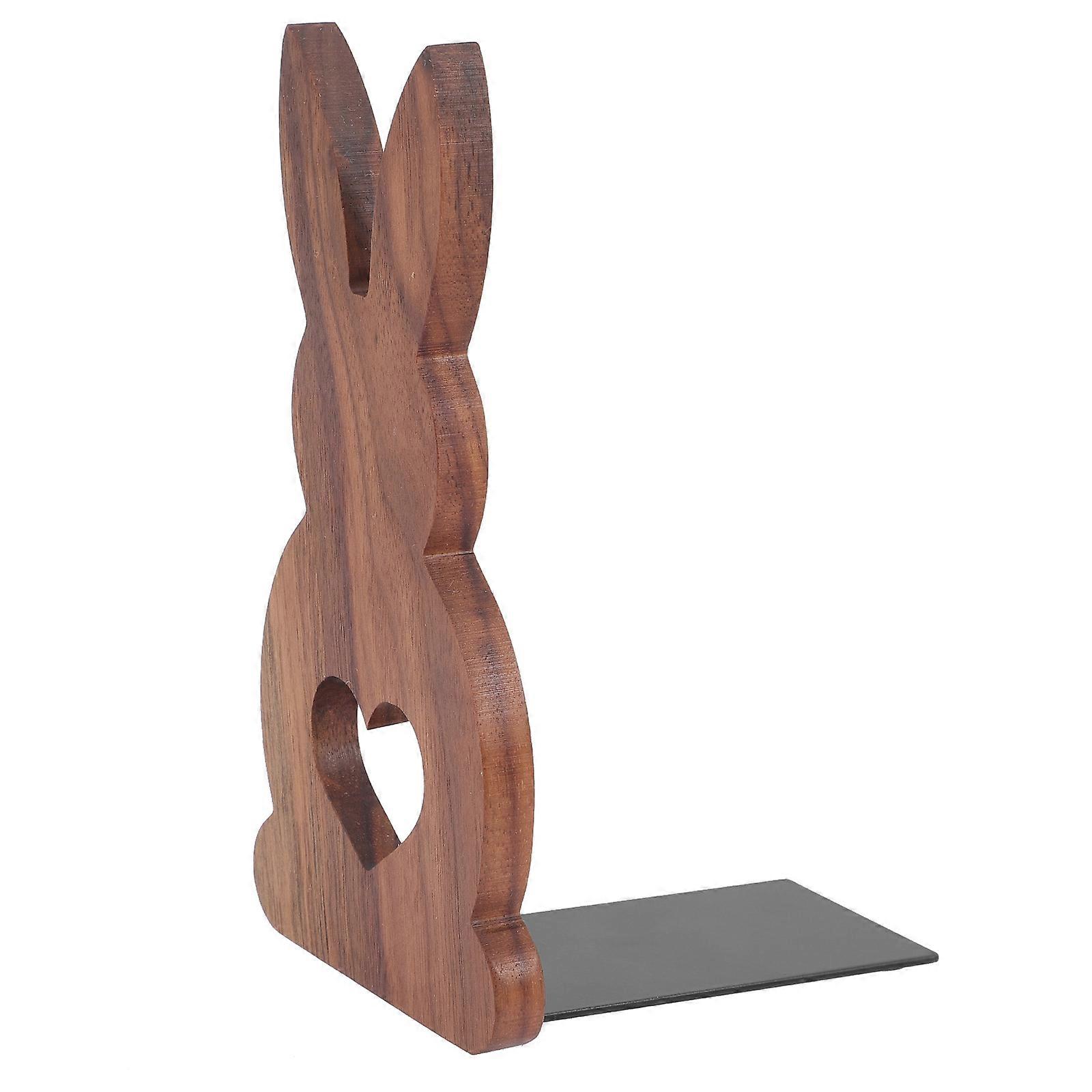 Rabbit Shaped Wooden Bookend for Desk Coffee Color Wood and Iron Material Simple Design 4.7x2.8 Inches