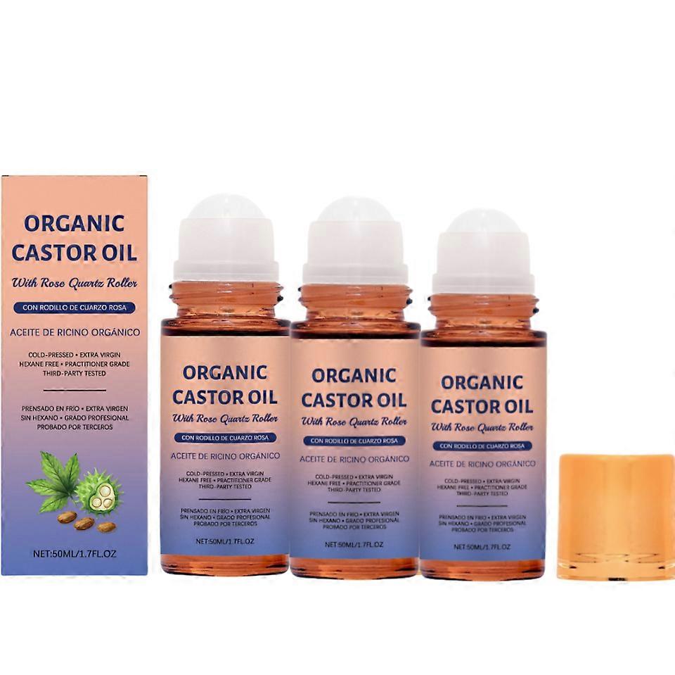 Organic Golden Castor Oil Roll-On with Rose Quartz 100% Pure for Skin, Brows & Lashes and less mess Castor Oil PacksHexane-FreeCold-Pressed
