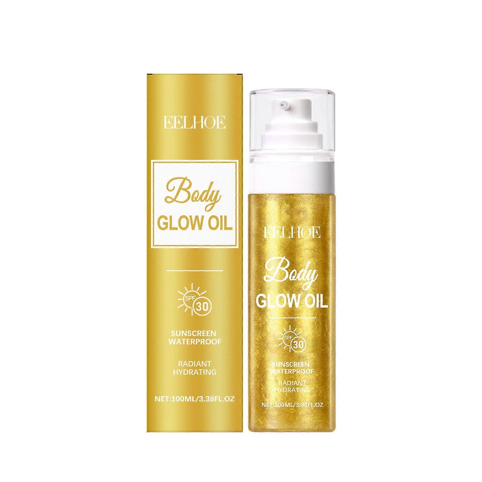 Gold Body Glow Oil with SPF 30 Broad Spectrum, Lightweight Sunscreen Long Lasting Shimmer Body Lotion for All Skin Types, Moisturizer Mineral Oil, Abs