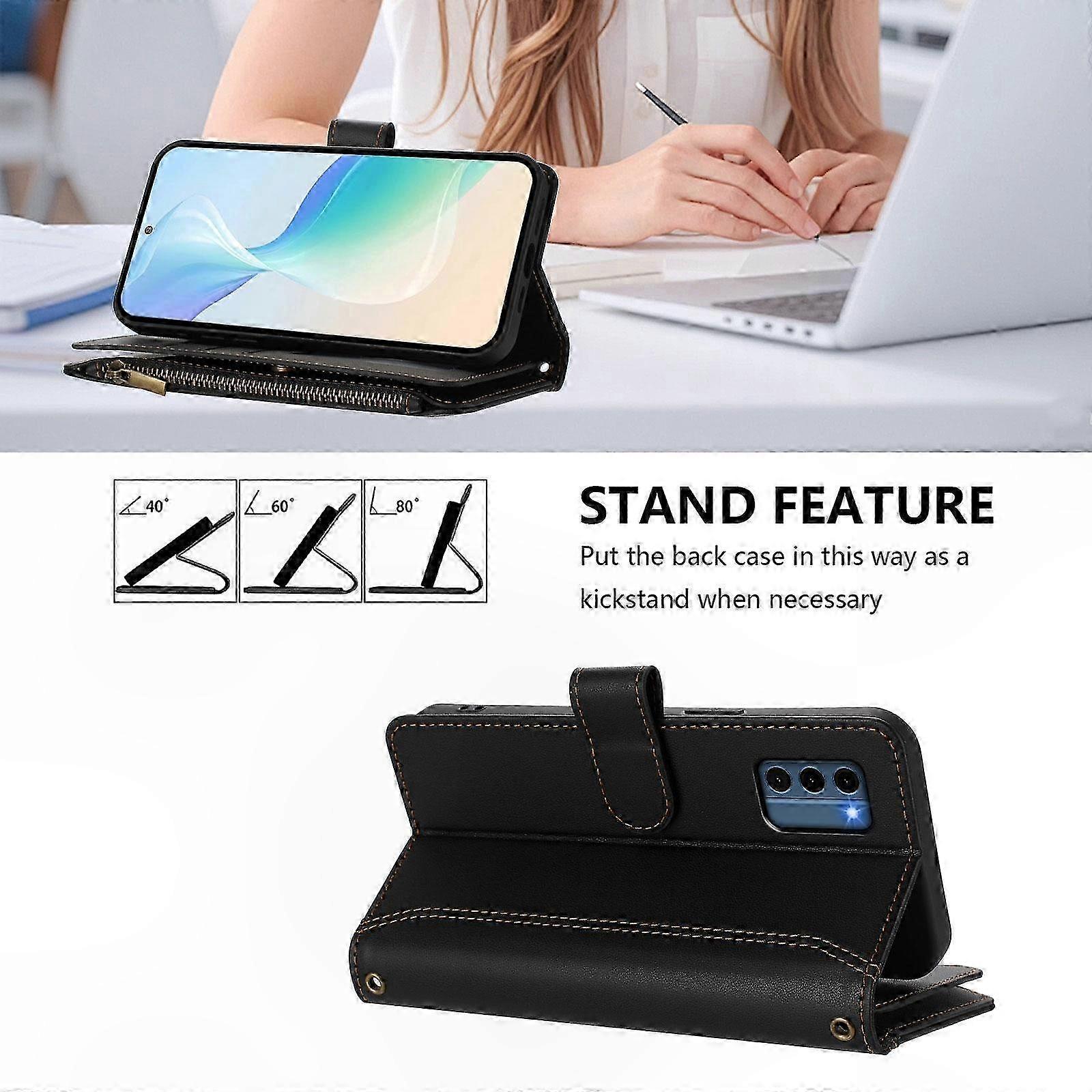 Leather Case with Magnetic Closure, Zipper Design, 9 Card Slots, and Hand Strap for Convenient Organization